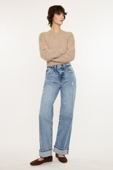 High Rise Cuffed Wide Leg Jean - Medium Wash