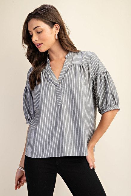 Bubble Sleeve Stripe Top - Grey/Ivory