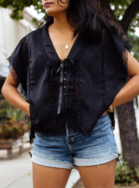 Lucie Lace Trim Blouse - Black