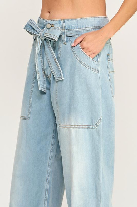 Washed Denim Tie Front Pants