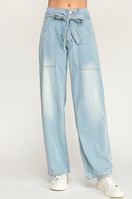 Washed Denim Tie Front Pants