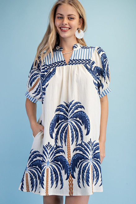 Palm Print Puff Sleeve Dress - Navy