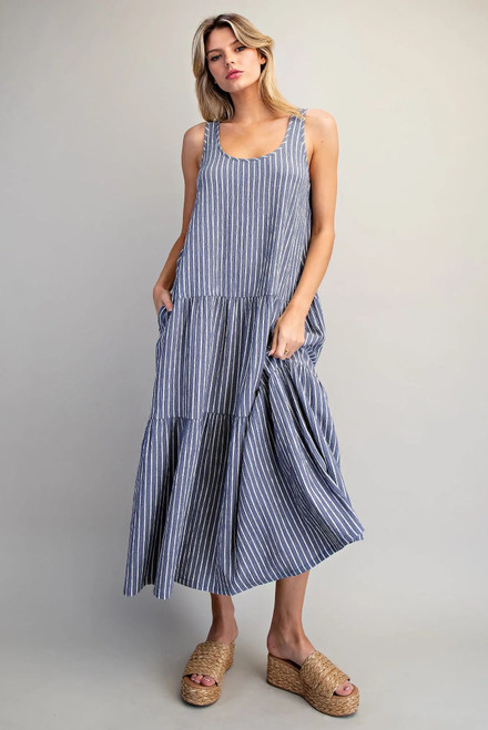 Tiered Summer Stripe Dress - Indigo 