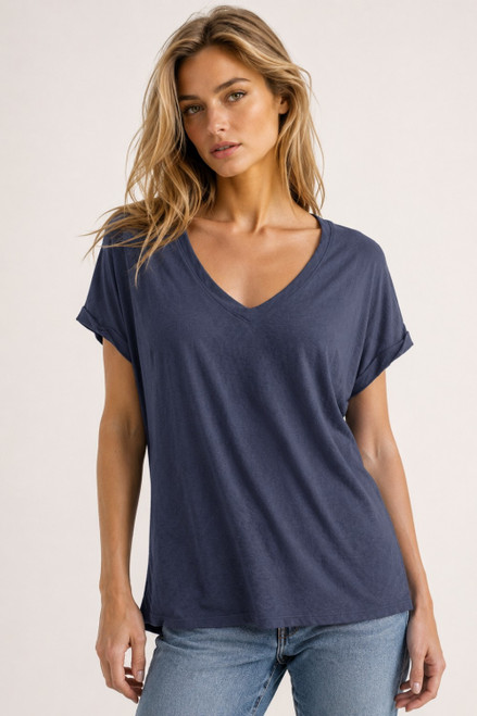 Rolled Sleeve Slub Knit Tee - Midnight Navy