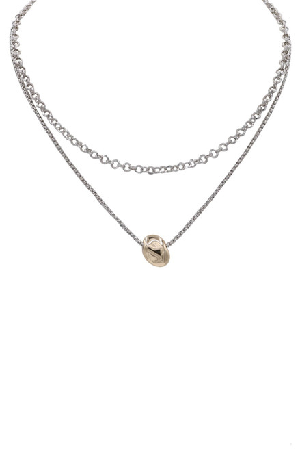 Multi-chain Layered Oval Pendant Necklace - Rhodium