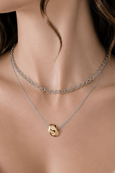 Multi-chain Layered Oval Pendant Necklace - Rhodium