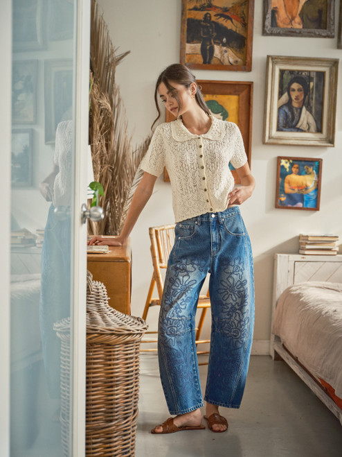 Embroidered Barrel Pants - Medium Wash