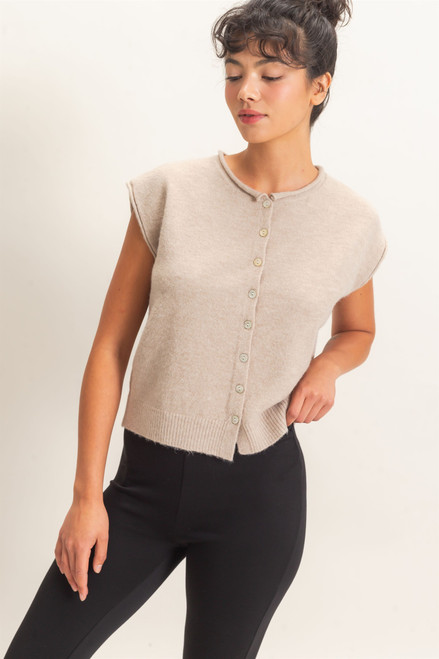 Knit Button Down Top - Taupe