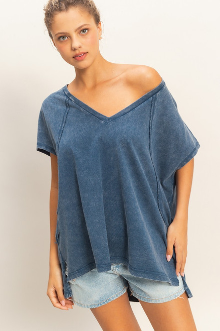 Oversized Mineral Wash V-Neck Tee - Navy