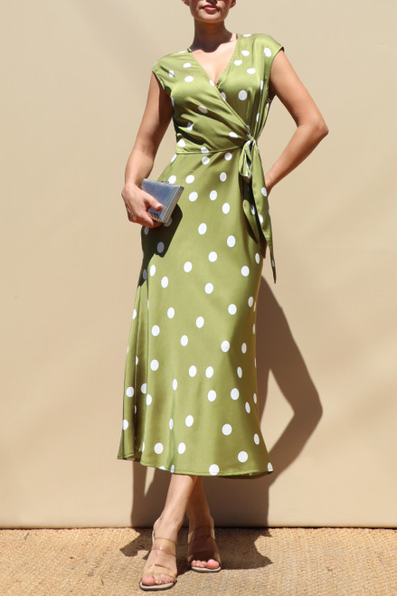 Retro Polka Dot Dress - Olive
