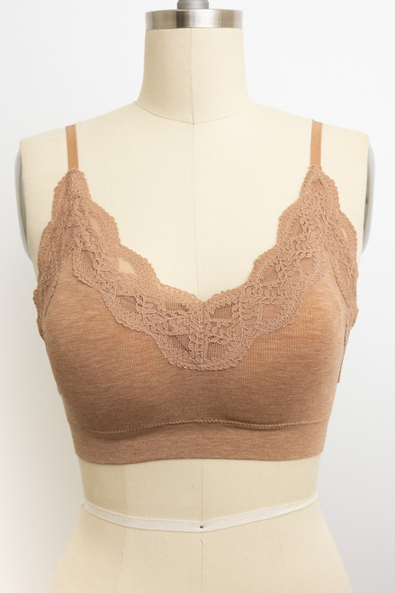 Lace Trim Ribbed Bralette - Mocha