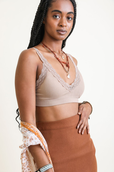 Lace Trim Ribbed Bralette - Mocha
