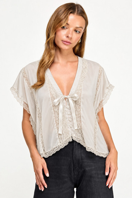 Chloe Lace Trim Blouse - Pearl