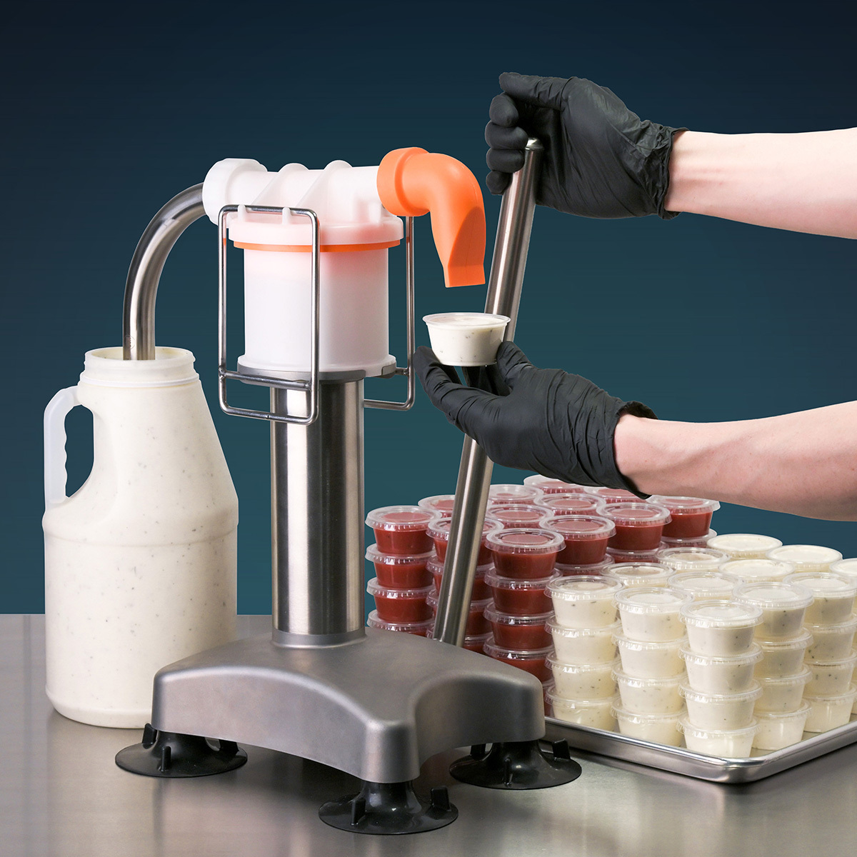 FIFO Fill Station dispensing ranch dressing into togo ramekins