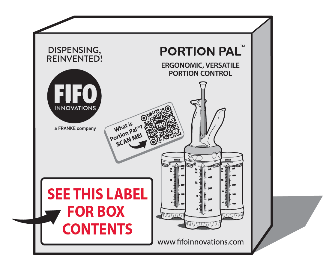 An illustraition directing people to reference the label on the Portion Pal™ box for a list of contents
