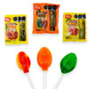 Delicious package with three fruity flavored hard candy lollipops. That have a touch of spiciness.