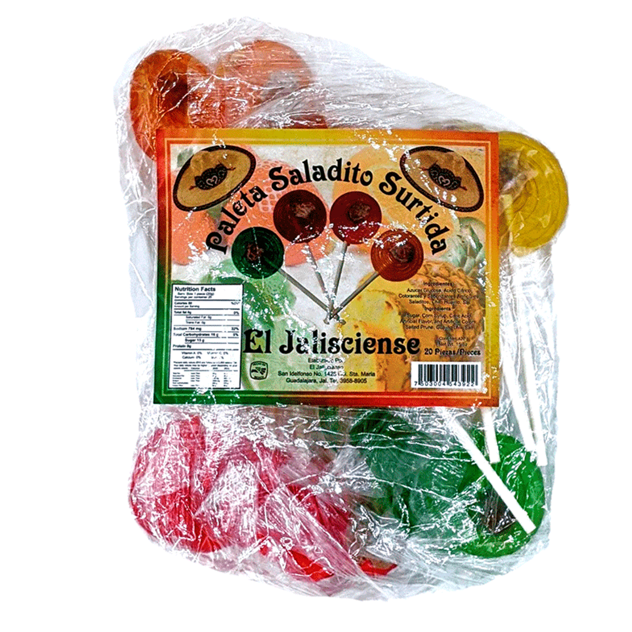 Tasty hard caramel lollipops with pineapple, lemon, orange and cherry flavors and a salted prune in the center. This bag of lollipops comes with 20 pieces.