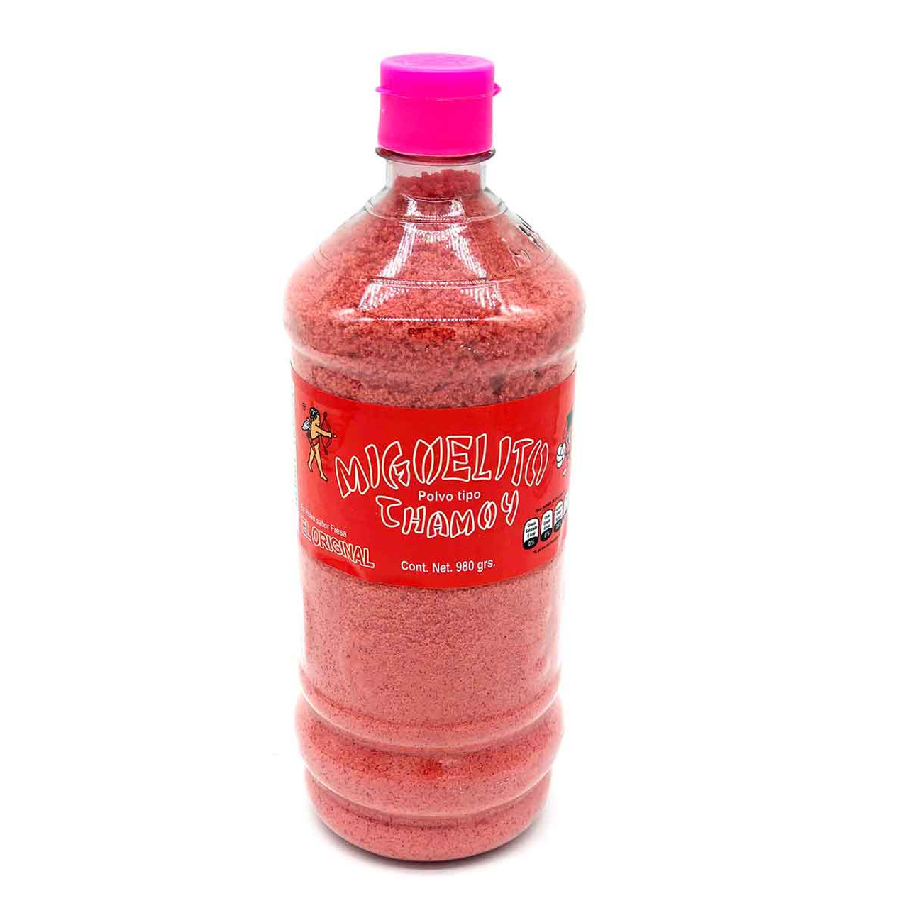 Bottles with 980 grams of delicious sugary, fruity and spicy powder flavored with strawberry essence, known as "Miguelito Powder".