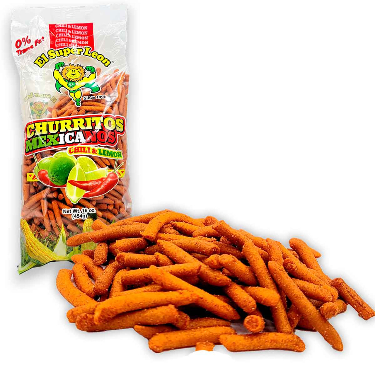 Package with sixteen ounces of delicious churriots snacks flavored with lemon and spicy chili as well made into a crunchy texture.