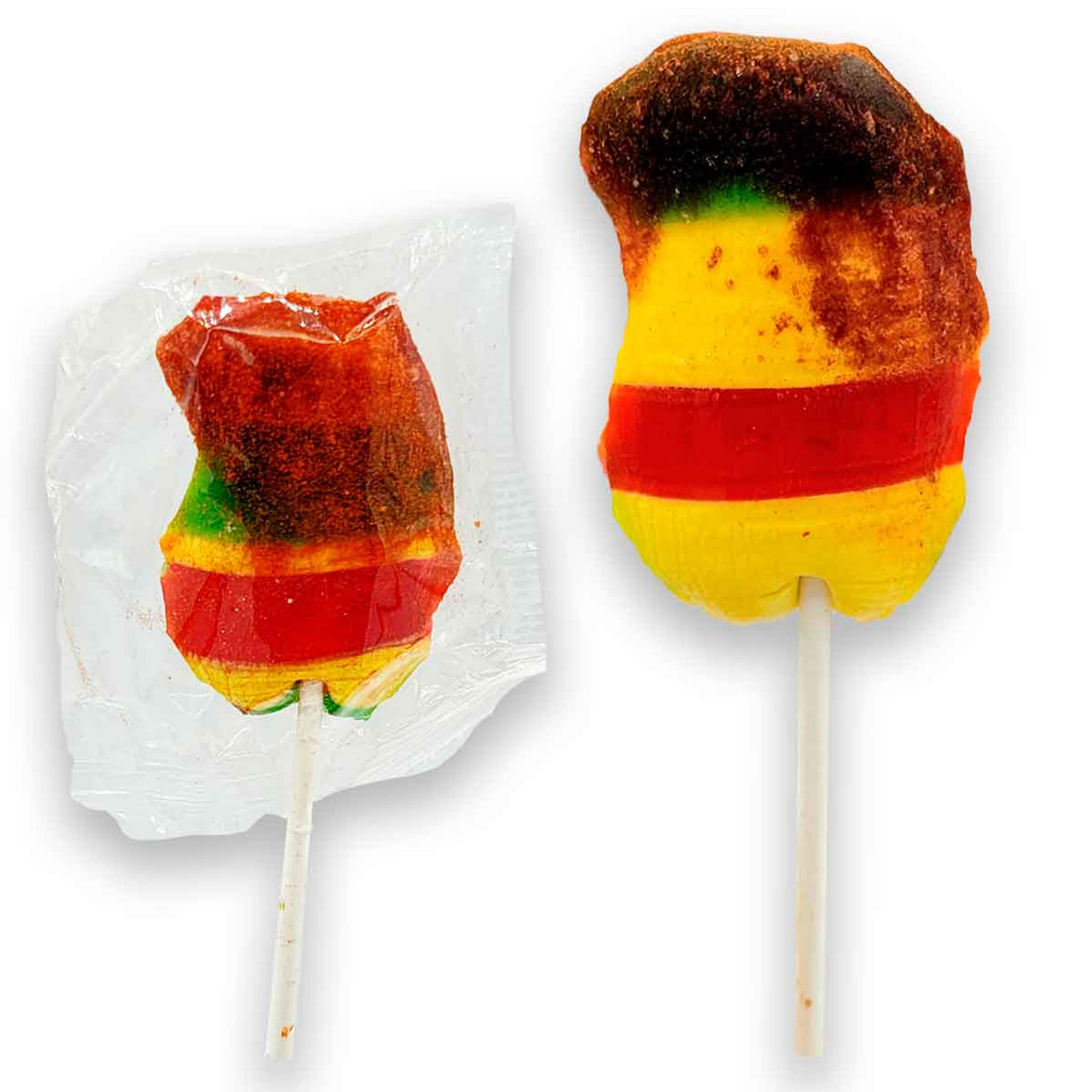 Delicious hard candy lollipop with mango flavors and a tasty touch of spicy chili powder.