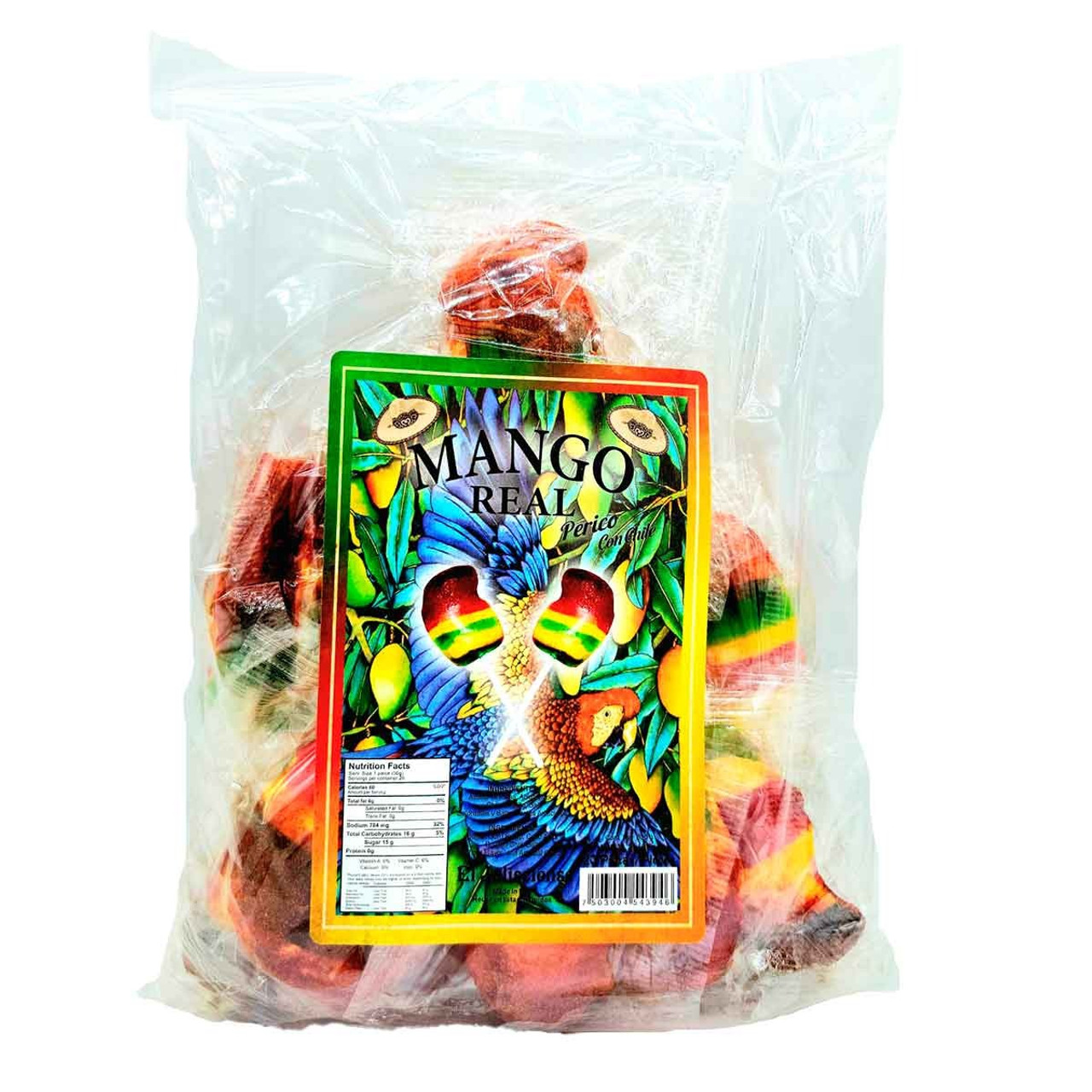 Package with 20 pieces of tasty hard candy, mango and spicy chili powder flavored lollipops from the brand "El Jalisciense".