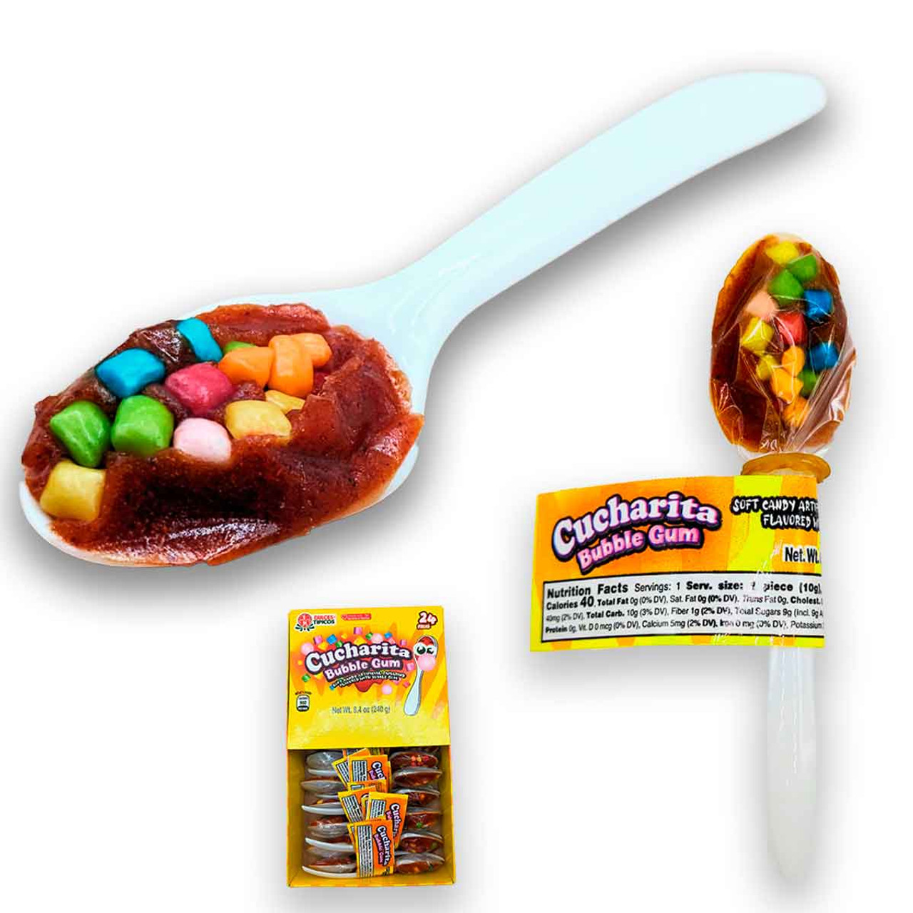 Plastic spoon full of small and colorful chewy gummies and a tasty spicy and gooey caramel from the brand "Dulces Tipicos".