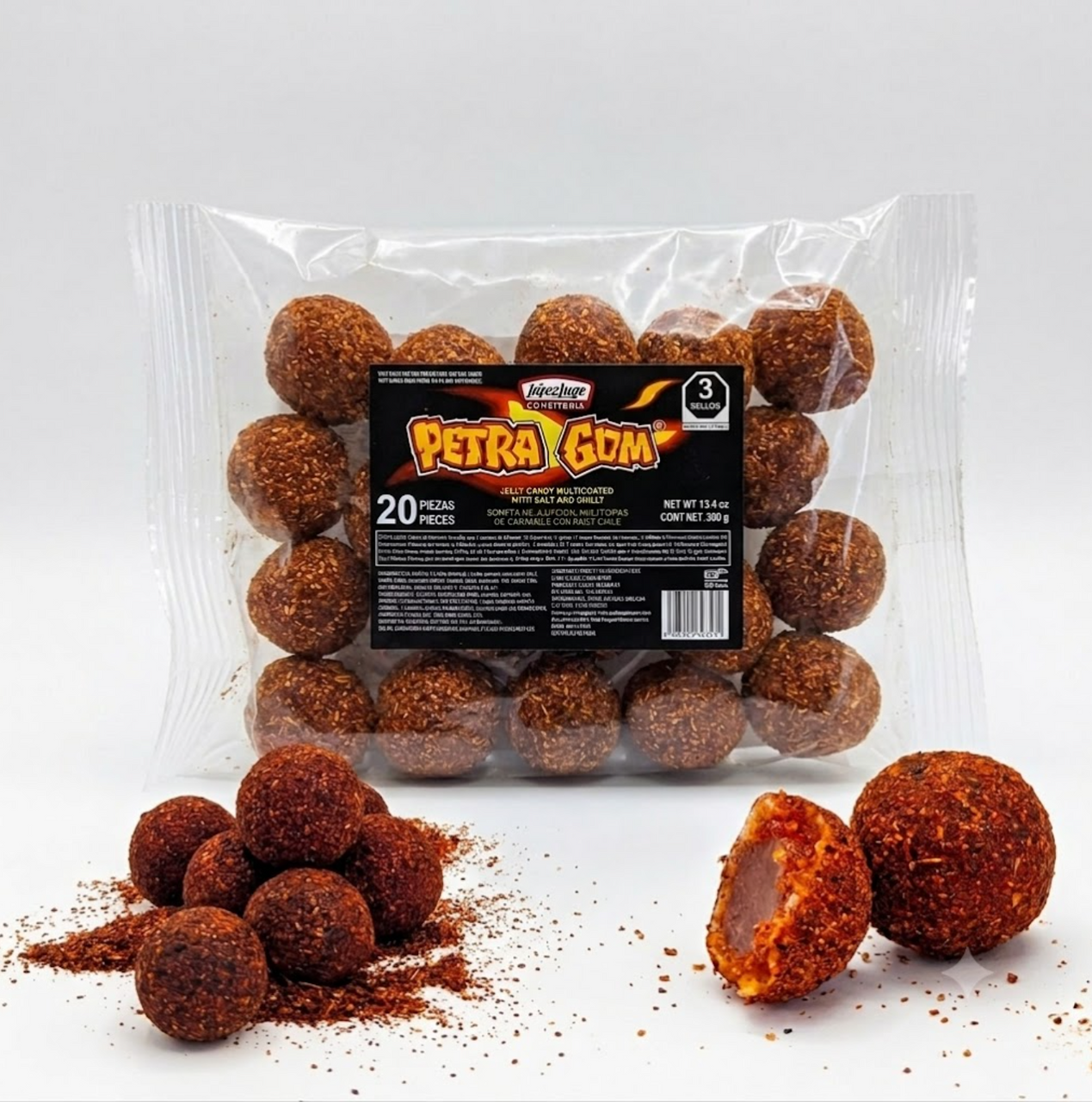 Jelly candy ball covered in spices, salt and chili, bag of 20 pieces