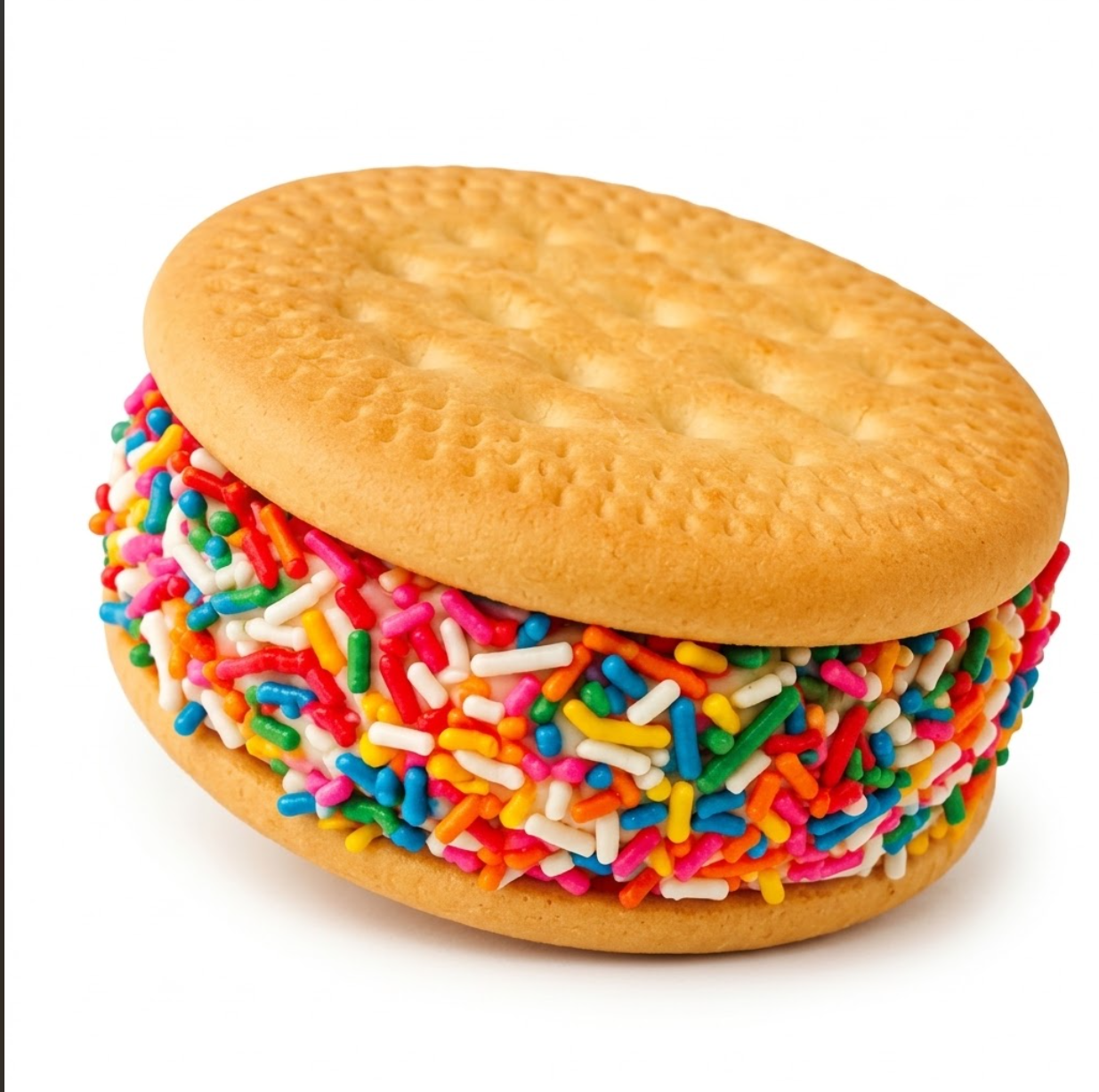 The W.L.A. Bomboneta Sándwich is a packaged dessert treat featuring a soft marshmallow core sandwiched between two round, golden-baked sweet cookies. The exposed edge of the thick marshmallow filling is completely coated in brightly colored rainbow sprinkles, adding a textural crunch to the soft center