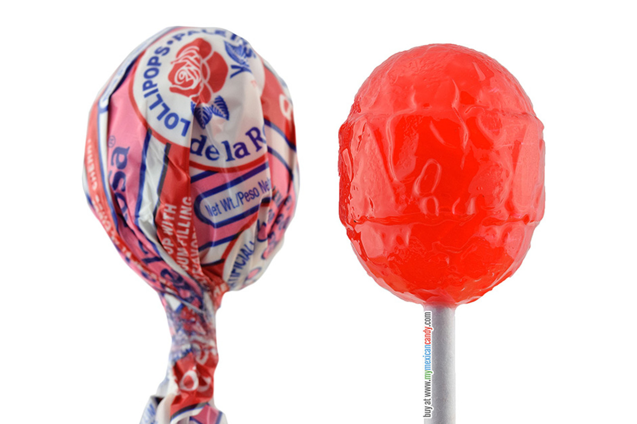 Hard candy lollipops with gum center and cherry flavor. De la Rosa Jumbo lollipop offers great quality and flavor, a traditional lollipop in Mexico. Use De La Rosa Jumbo cherry flavored pops to fill a piñata.