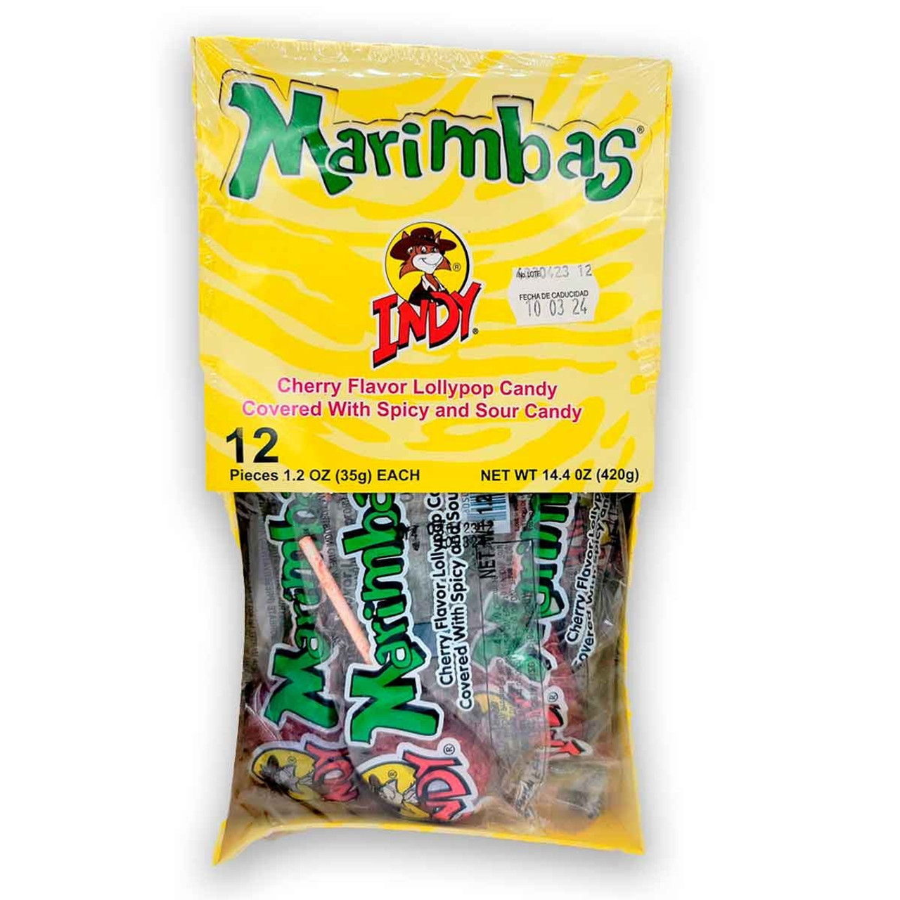 Marimbas are cherry flavored lollipops that are covered with a spicy and sour chili paste and have a delicious gum center. Marimbas are the ideal option to satisfy your sweet tooth. Try this delicious candy that gives you sweetness and spice all in one bite.