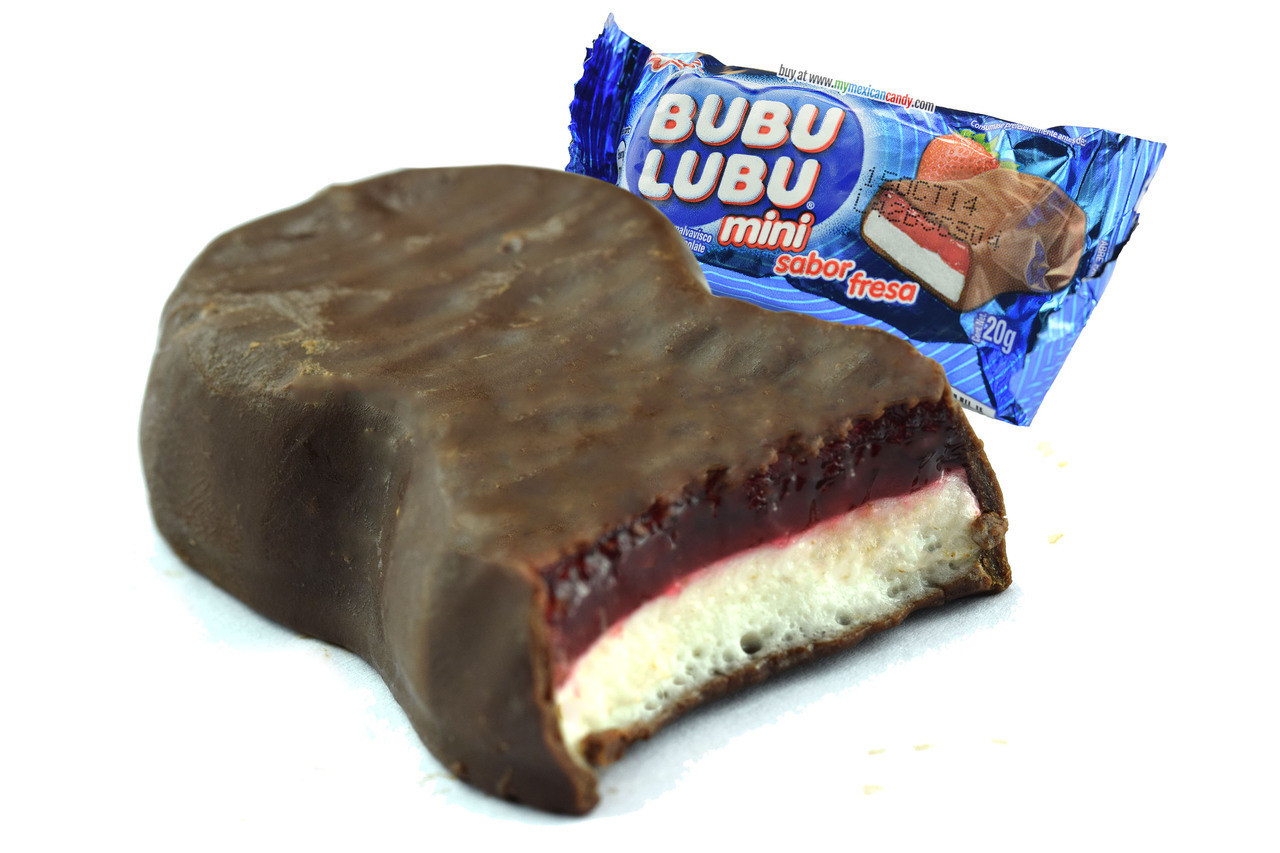 Bubu Lubu Mexican candy combines many enticing textures: the light mildness of the marshmallow, the heavy creaminess of the strawberry jam, and the soft, crunchy chocolate coverage that will crack in your mouth with the first bite! 