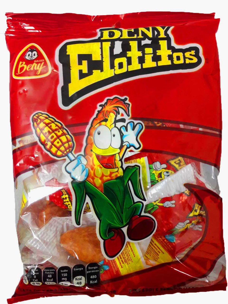 Beny Elotito is a Hard Candy Lollipop that is covered with chili and tastes like pinneapple. This Mexican Caramel Candy is shaped like corn and has chili flavoring.