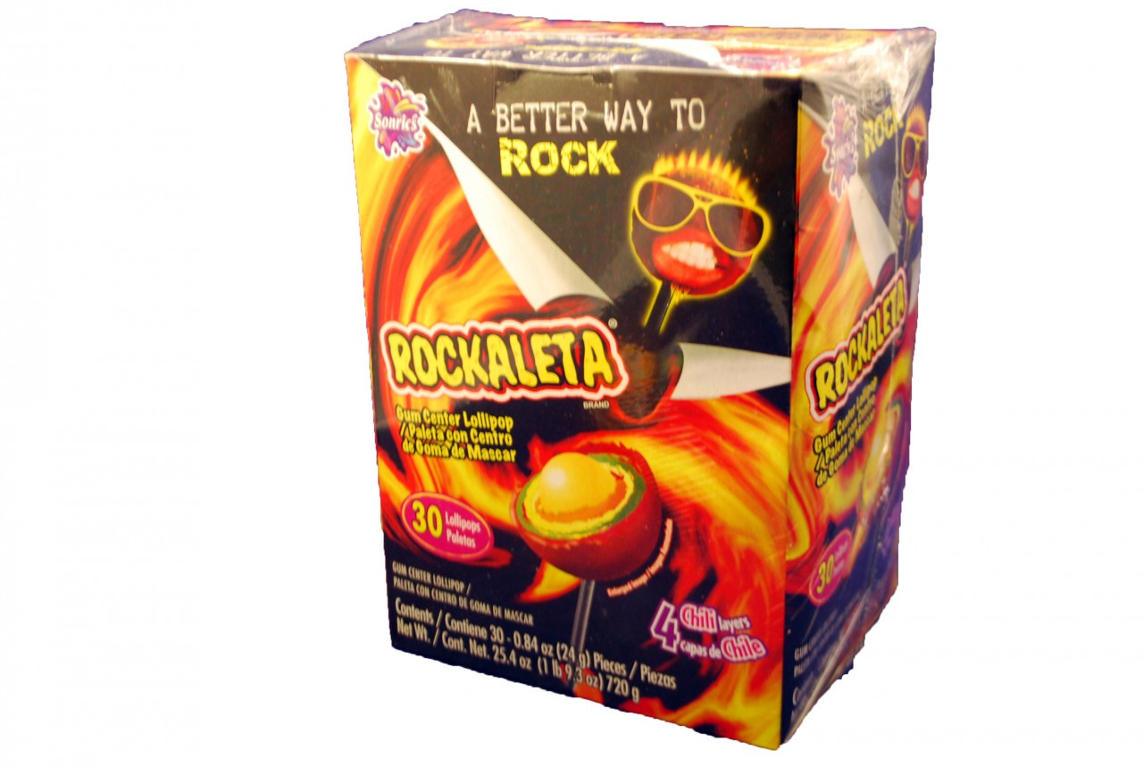 Rockaleta Lollipops feature alternate layers of chili and an artificially flavored mango gum center.