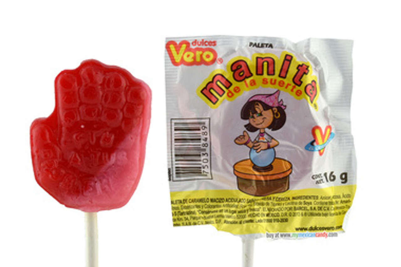 Vero Manita is a hard candy lollipop with strawberry and cherry flavored. It comes in the creative form of a little hand.