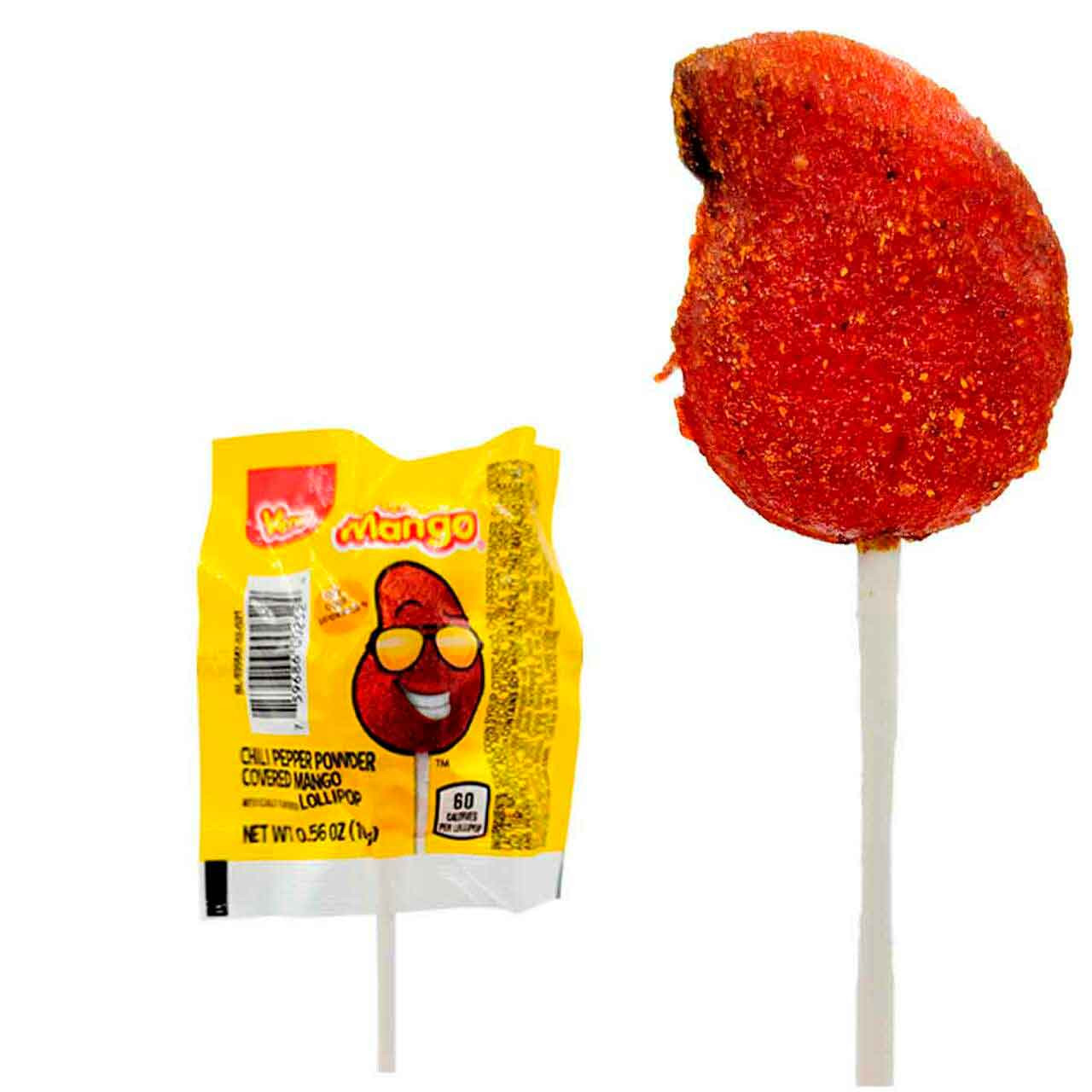 Dulce Mexicano de caramelo duro sabor mango cubierto de chile en polvo marca Vero! This is a hard candy lollipop that comes in the shape of a Mango fruit and has the sweet and spicy flavor of Mango hot chili covered!