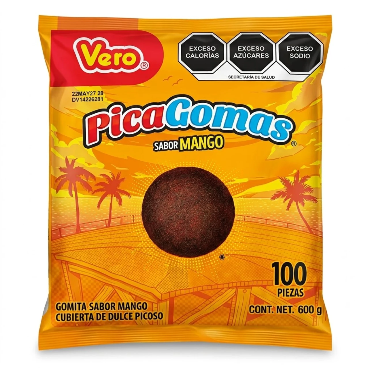 A delightful Mexican confection, Pica Goma, made by Vero is mango-flavored chewy spicy gummy covered in chili.