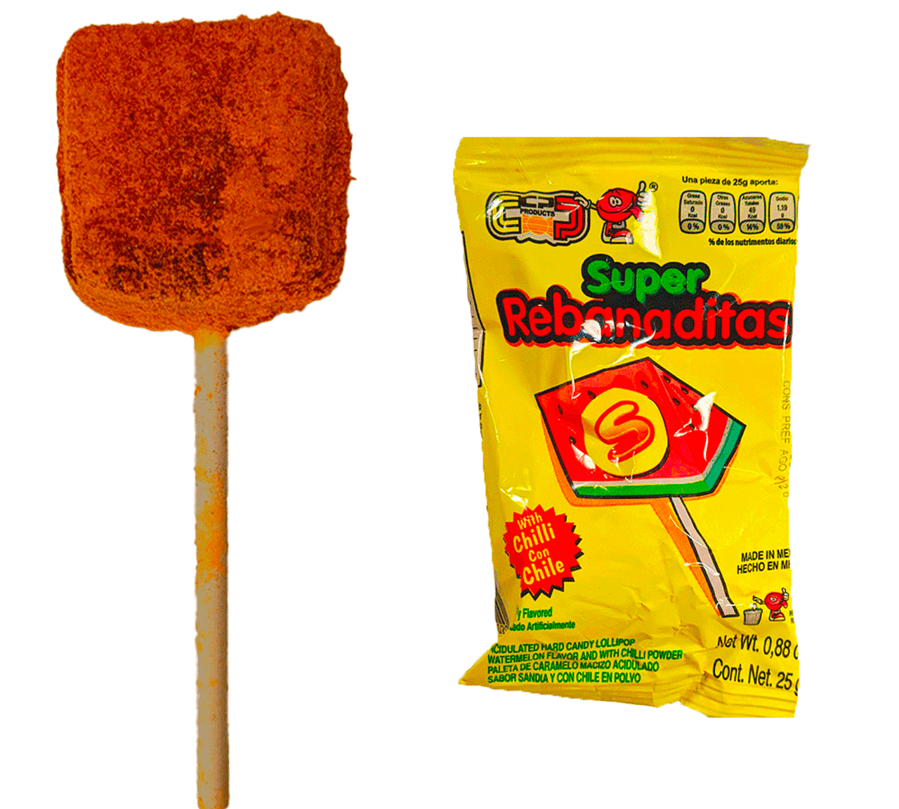 Super Rebanadita is a delicious lollipop with watermelon flavor. This suckers are covered with chili powder and chili powder. 