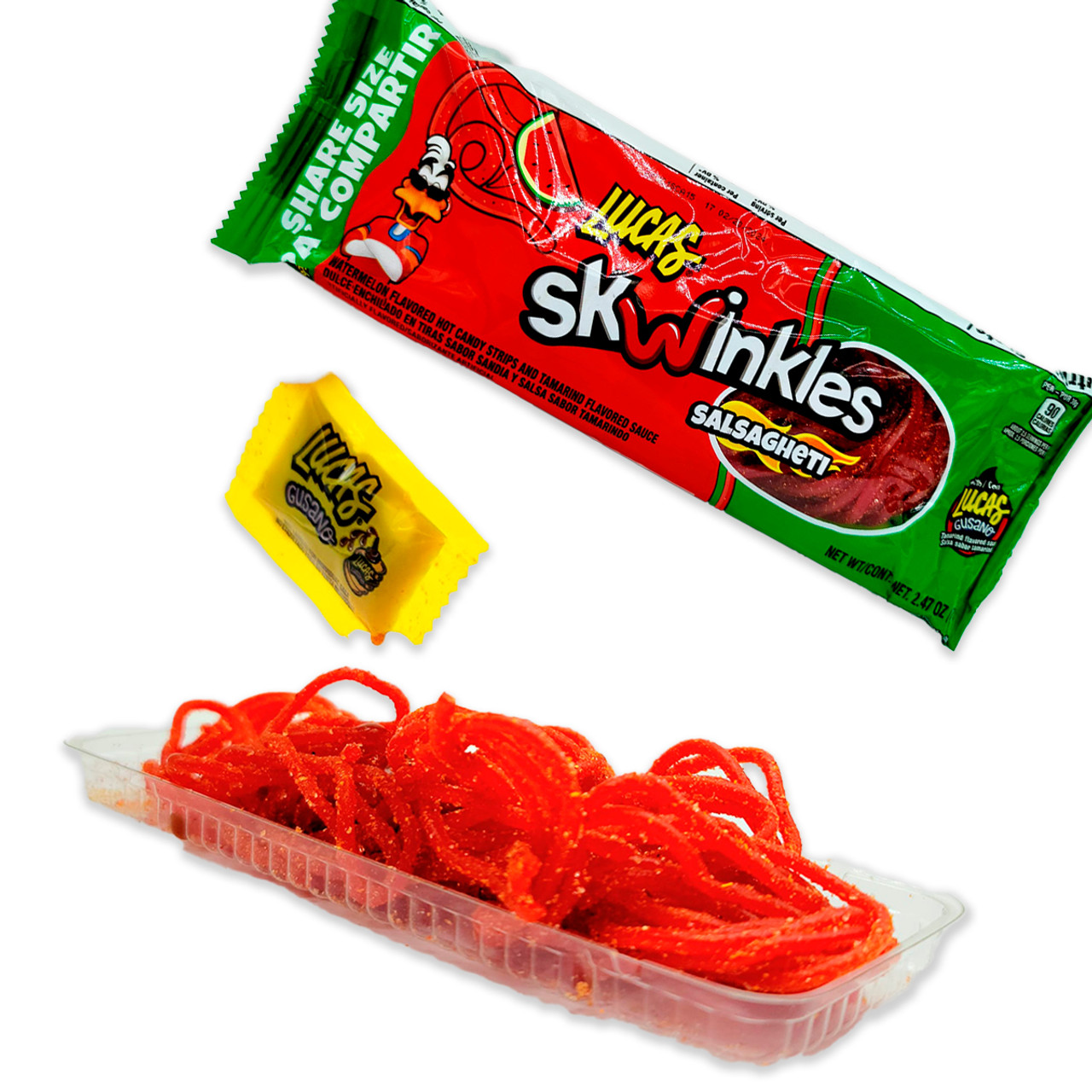 Lucas Salsagheti has a delicious mixture between the chewy watermelon candy and the moistened tamarind sauce that you can pour over the spaghetti-like candy. The package contains thin sweet watermelon candy strands with a tiny packet Gusano Tamarind Sauce!