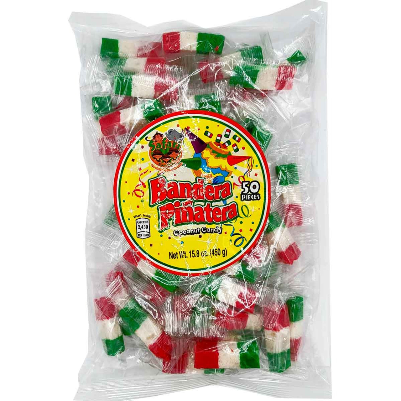 Mexican Flag Candy Bar with a really sweet and tasty flavor of grated coconut and sugar. Presentation of 50 pieces per package.