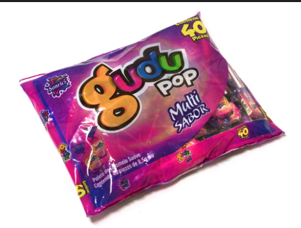 The bag contains 40 lollipops of the gudu pop multisabores candy.