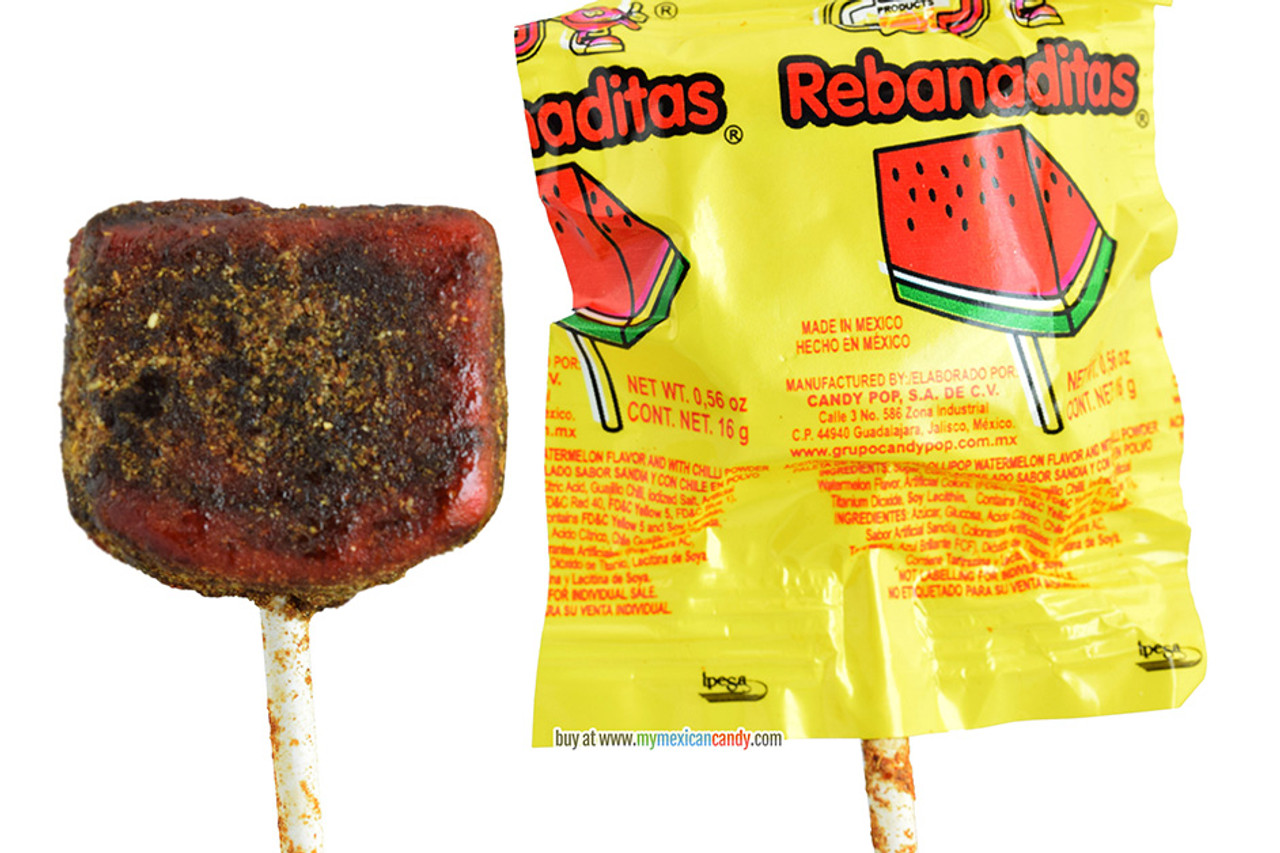 Vero Rebanaditas combines the sweet and exquisite tamarind with a hot, piquant chili powder coverture. This watermelon lollipop comes in a rounded, appetizing squared shape, with a rich chili powder cover on top.