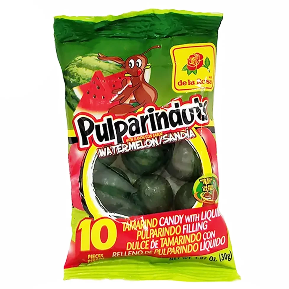 PulparinDots is a ball shaped candy with watermelon flavor and a delicious tamarind spicy pulp filling on the inside. This is kind of a hard outside candy but with a soft center.