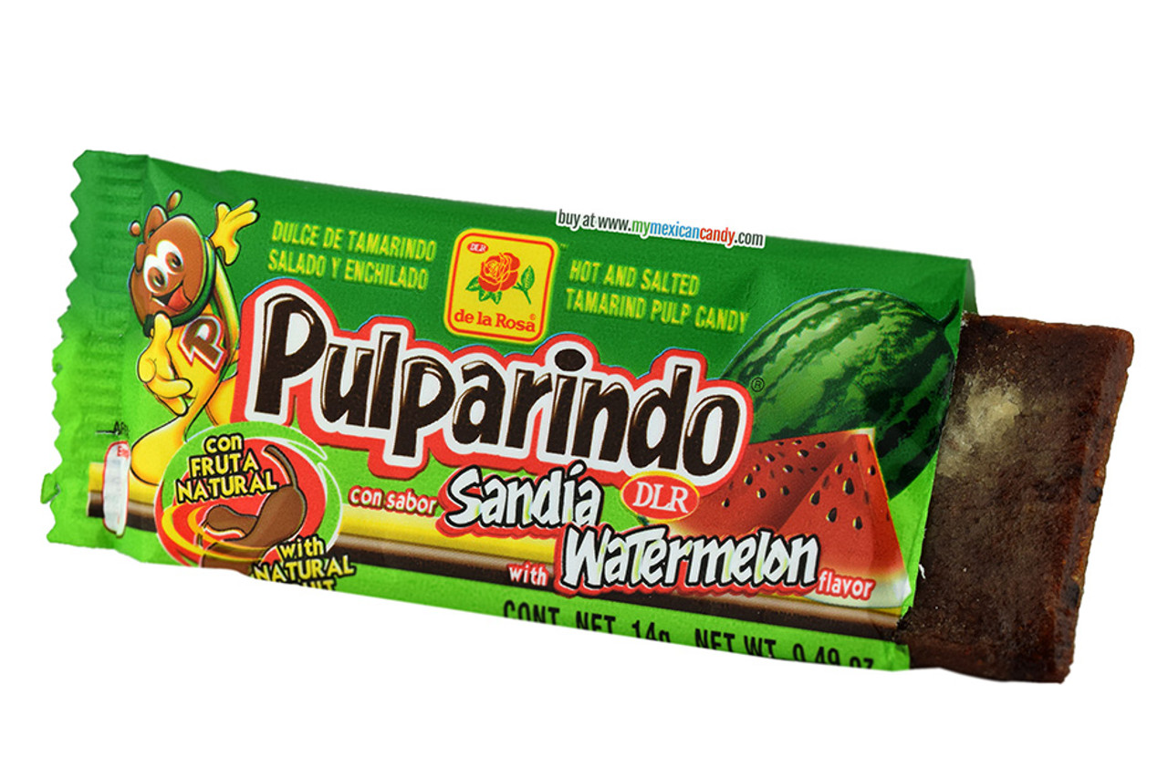 Pulparindo is a soft candy bar that is filled with a hot and salted tamarind pulp, with a delicious watermelon essence. This  bar is covered with a powder sugar that creates the perfect mixture between spicy, sour and sweetness. 