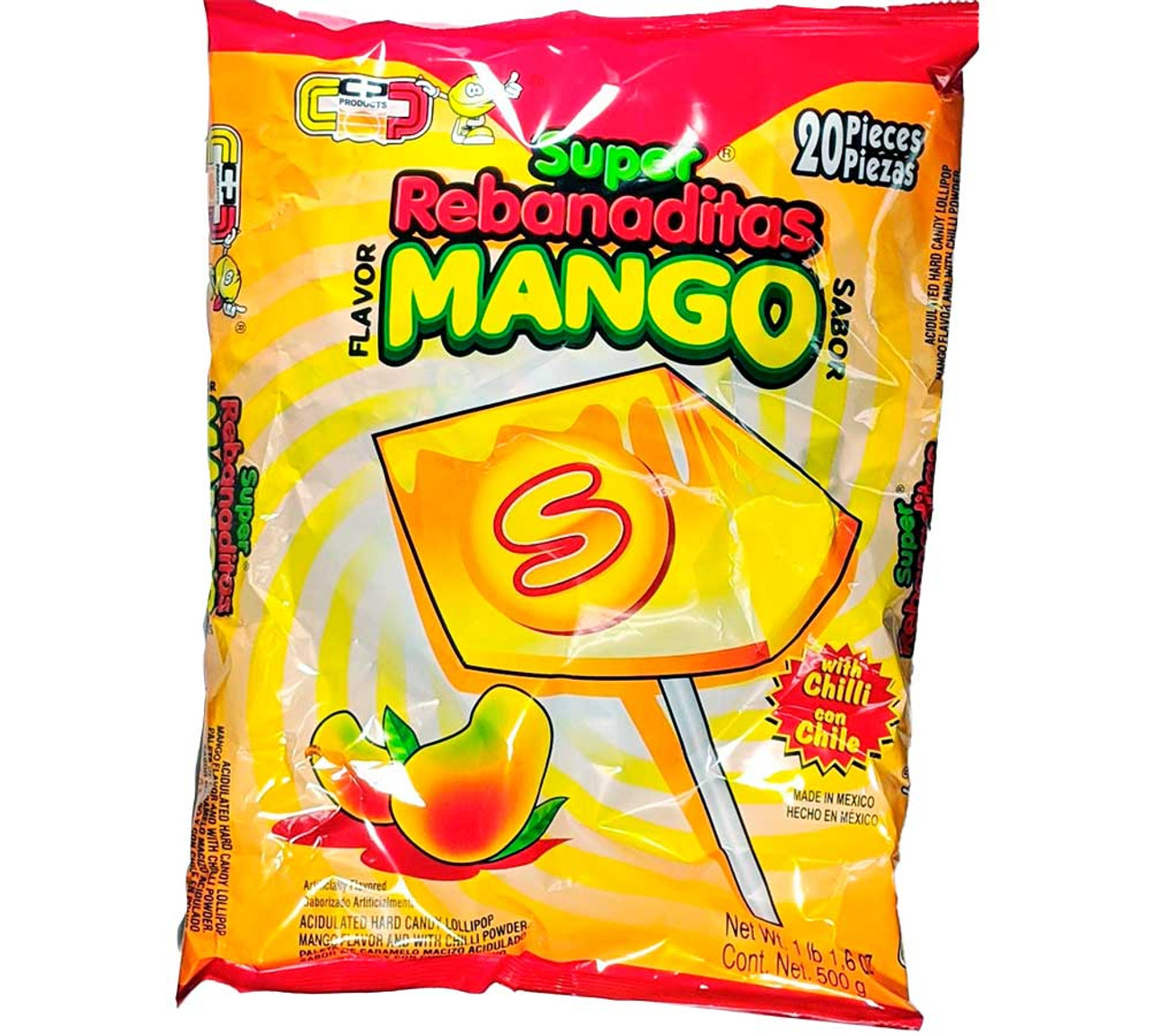 Hard candy lollipop in a square shape. This candy is Mango flavored and has a layer of spicy, salty and sour chili powder. The bag comes with 20 pieces per package.