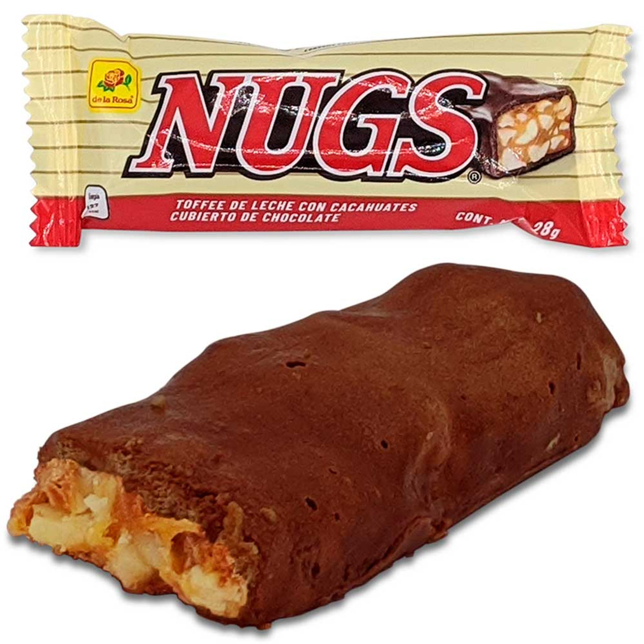 De la Rosa Nugs is a delicious bar candy with peanut chunks and caramel in the inside and a thin cover of sweet chocolate. This candy has the perfect mixture of sweet and cruchy.