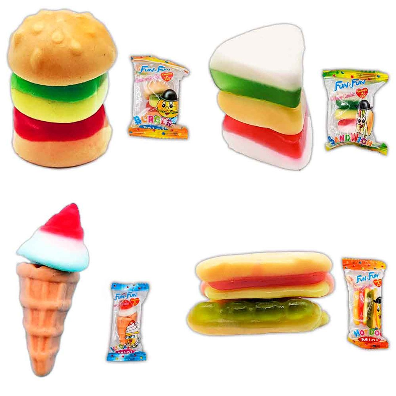 Assorted Fun-Fun mini gummy candies. The gummis come in different shapes that include mini gummy burgers, mini gummy hot dogs, mini gummy sandwiches and mini ice cream cones from Fun-Fun.