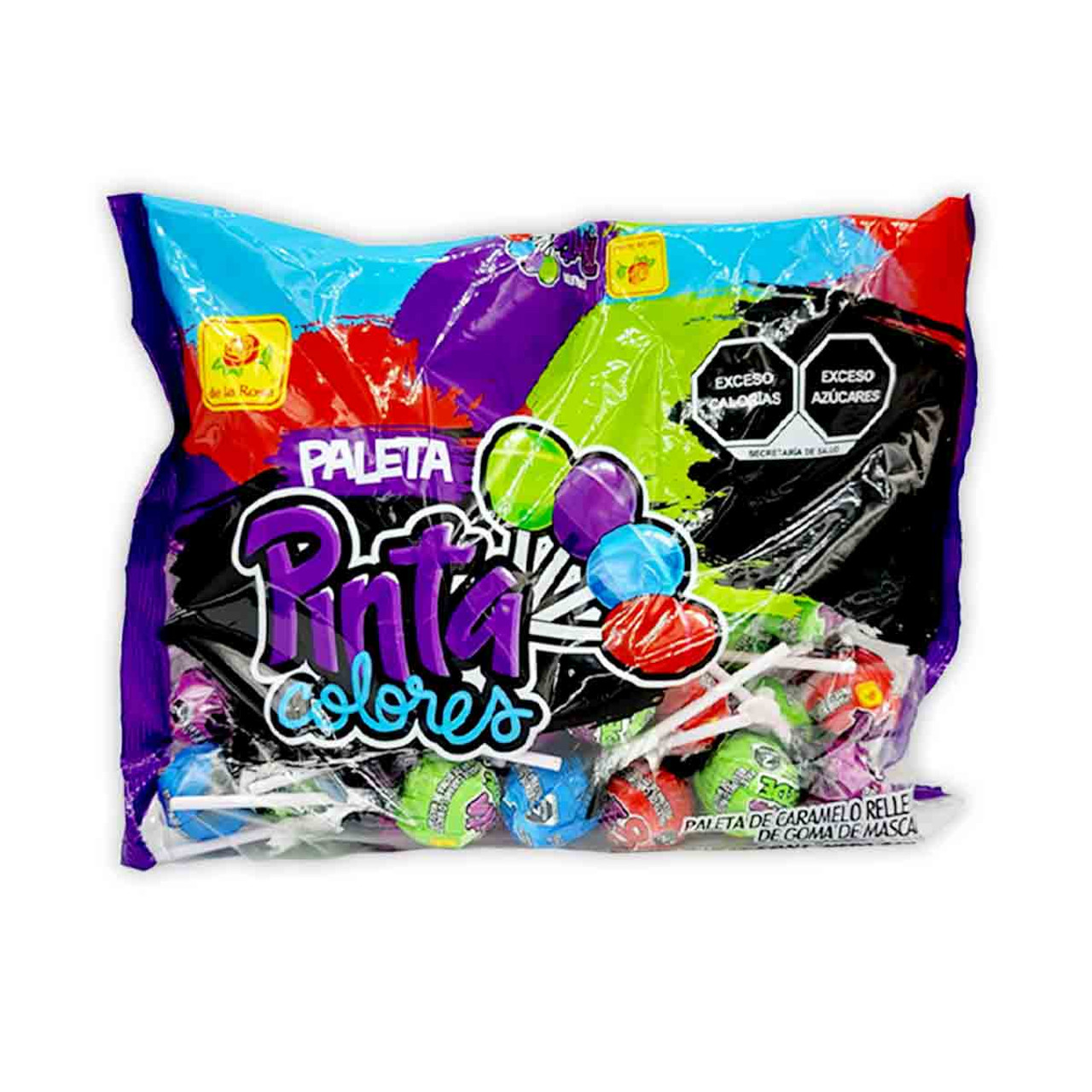 Package with fifty different hard candy colorful lollipops that will leave you with a sweet and fruity flavor. The lollipops are known as "Pinta Colores" from "De la Rosa" in its Jumbo size.