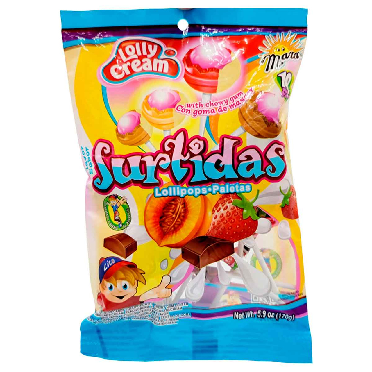 Package with ten delicious pieces of flavored hard candy lollipops full of fruity and creamy combinations like strawberry and cream, chocolate and vanilla and many more.