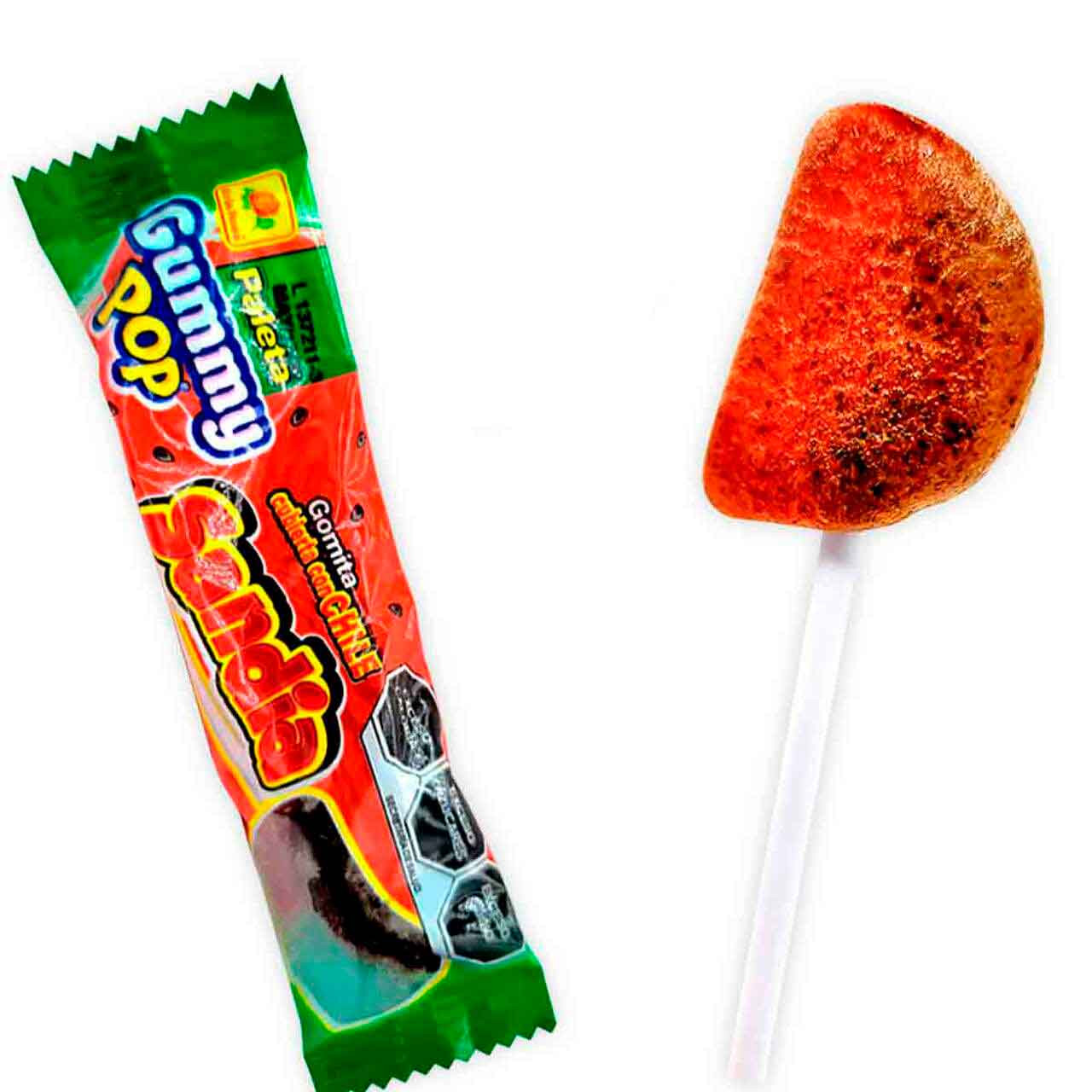 The "Gomita Pop" from the mexican brand "De la Rosa" are delicious gummies with a fruity watermelon flavor and a this layer of chili powder on it's surface. This delicious gummy lollipops come in the shape of a slice watermelon.