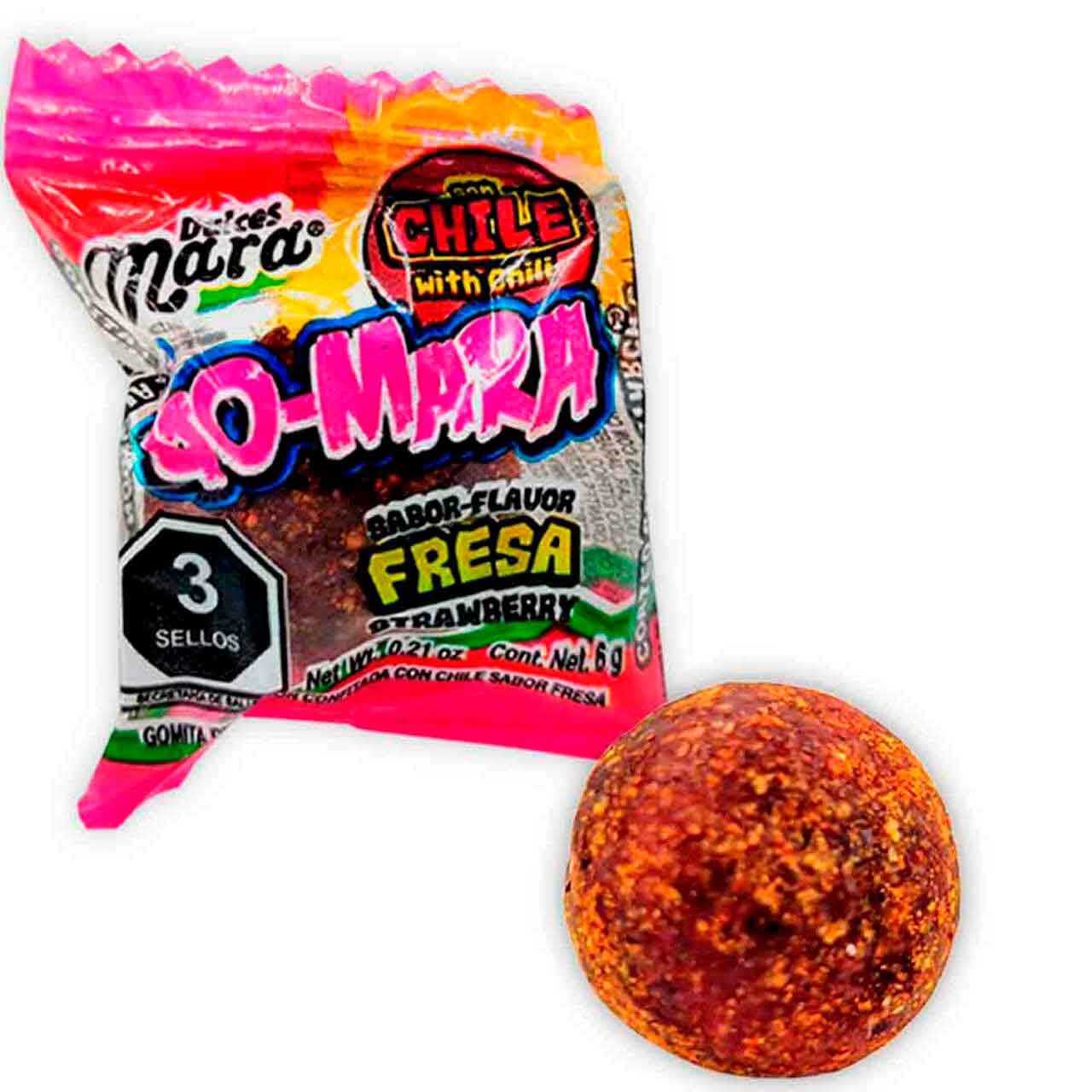 "GoMara" from the mexican brand of candies "Mara", are delicious and small ball shaped gummies with a spongy and chewy texture. This delicious gummies are flavored with a sweet and fruity essence of strawberries and it's surface is covered with a thin spicy layer of chili powder.